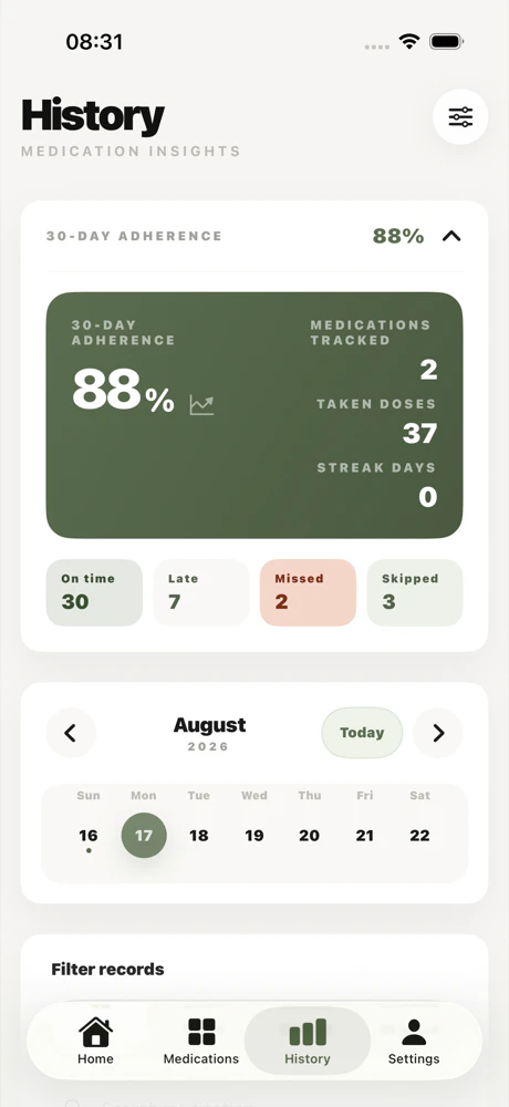 Avela medication history screen